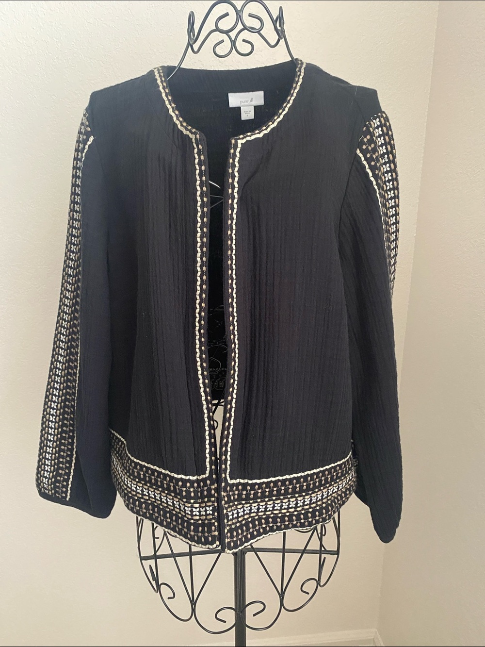 J. Jill Black Cotton Jacket with Cream Braid Trim